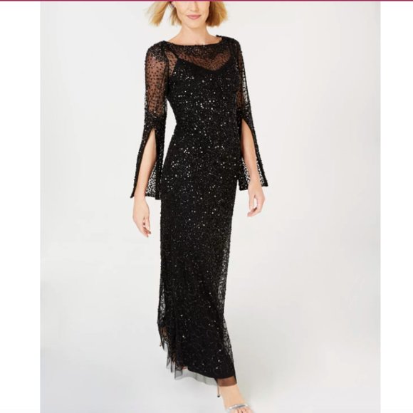 Adrianna Papell Dresses & Skirts - Adrianna Papell Black Sequin Long Slit Sleeves Gown - Size 2